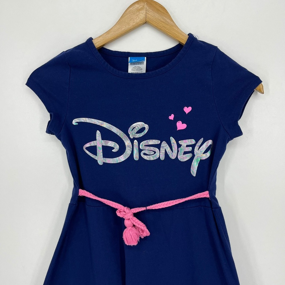 Disney Girls Blue Dress Silver Holographic Logo Pink‎ Braided Belt Size 10/12 - Picture 8 of 13